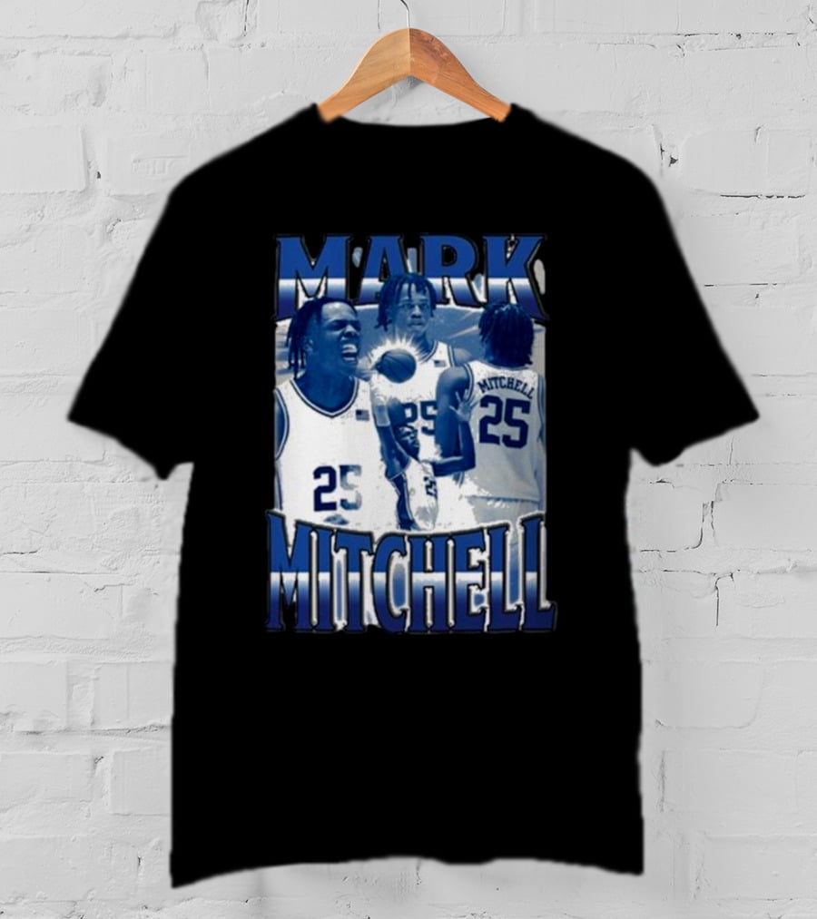 Mark Mitchell 25 Basketball Collage Blue And White T-Shirt