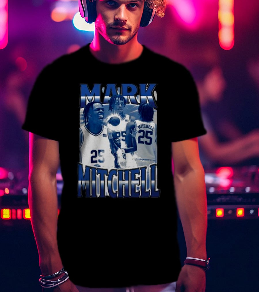 Mark Mitchell 25 Basketball Collage Blue And White T-Shirt