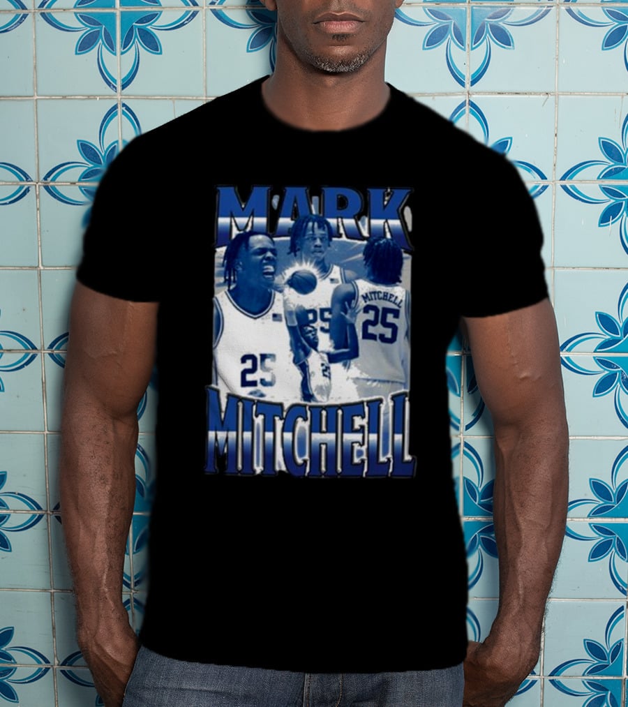 Mark Mitchell 25 Basketball Collage Blue And White T-Shirt