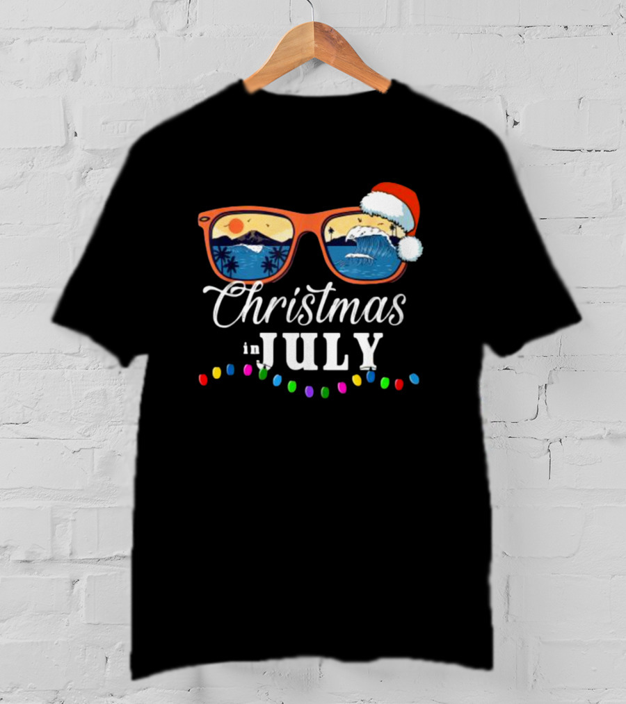 Christmas In July Santa Beach Vacation Sunglasses Holiday Lights T-Shirt