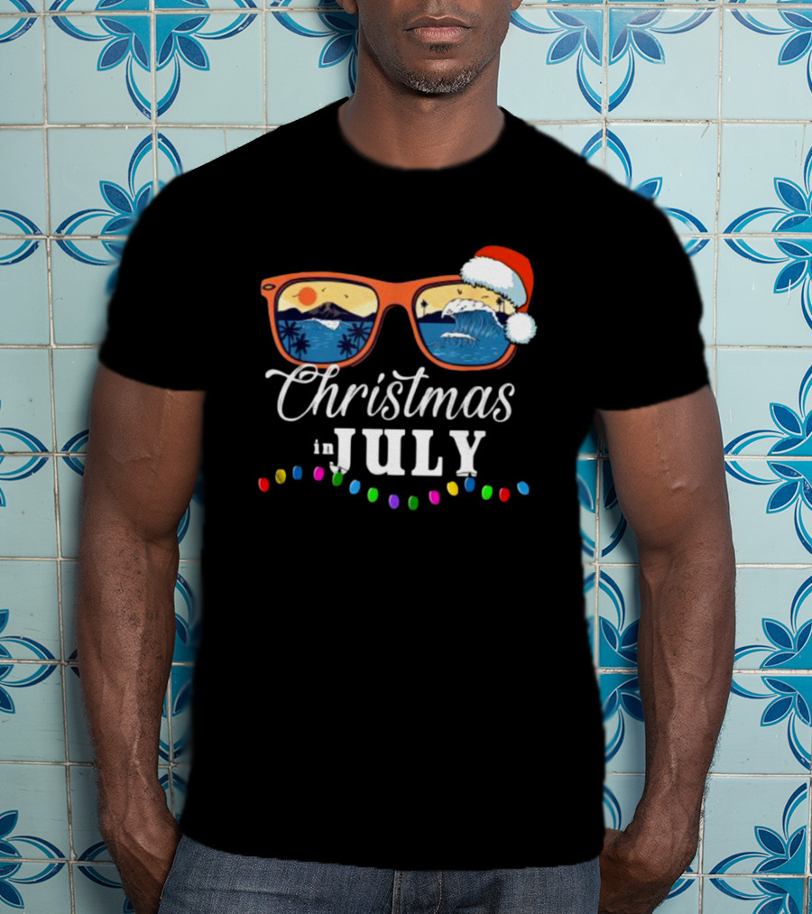 Christmas In July Santa Beach Vacation Sunglasses Holiday Lights T-Shirt