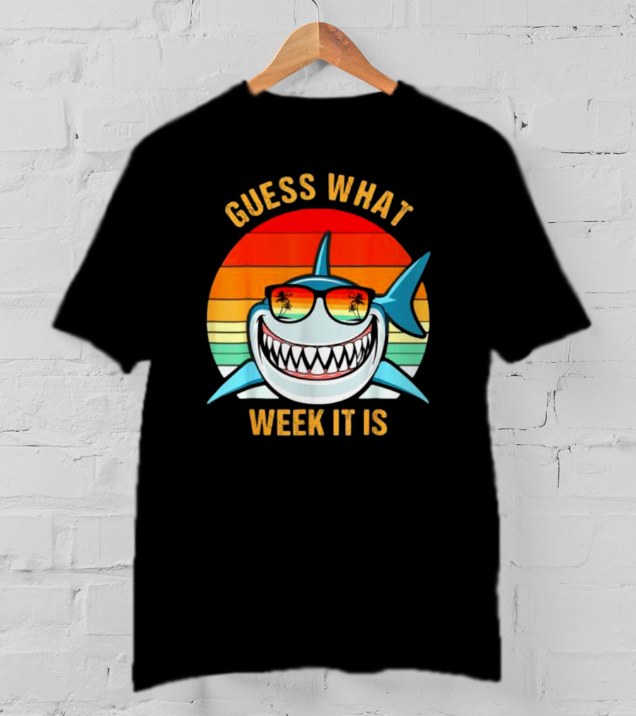 Guess What Week It Is Shark Vintage Sunset Retro Palm Trees T-Shirt
