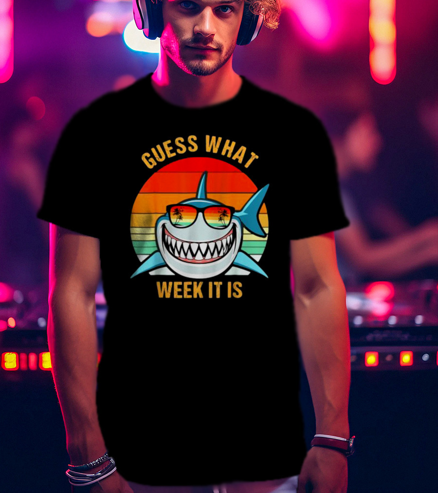 Guess What Week It Is Shark Vintage Sunset Retro Palm Trees T-Shirt