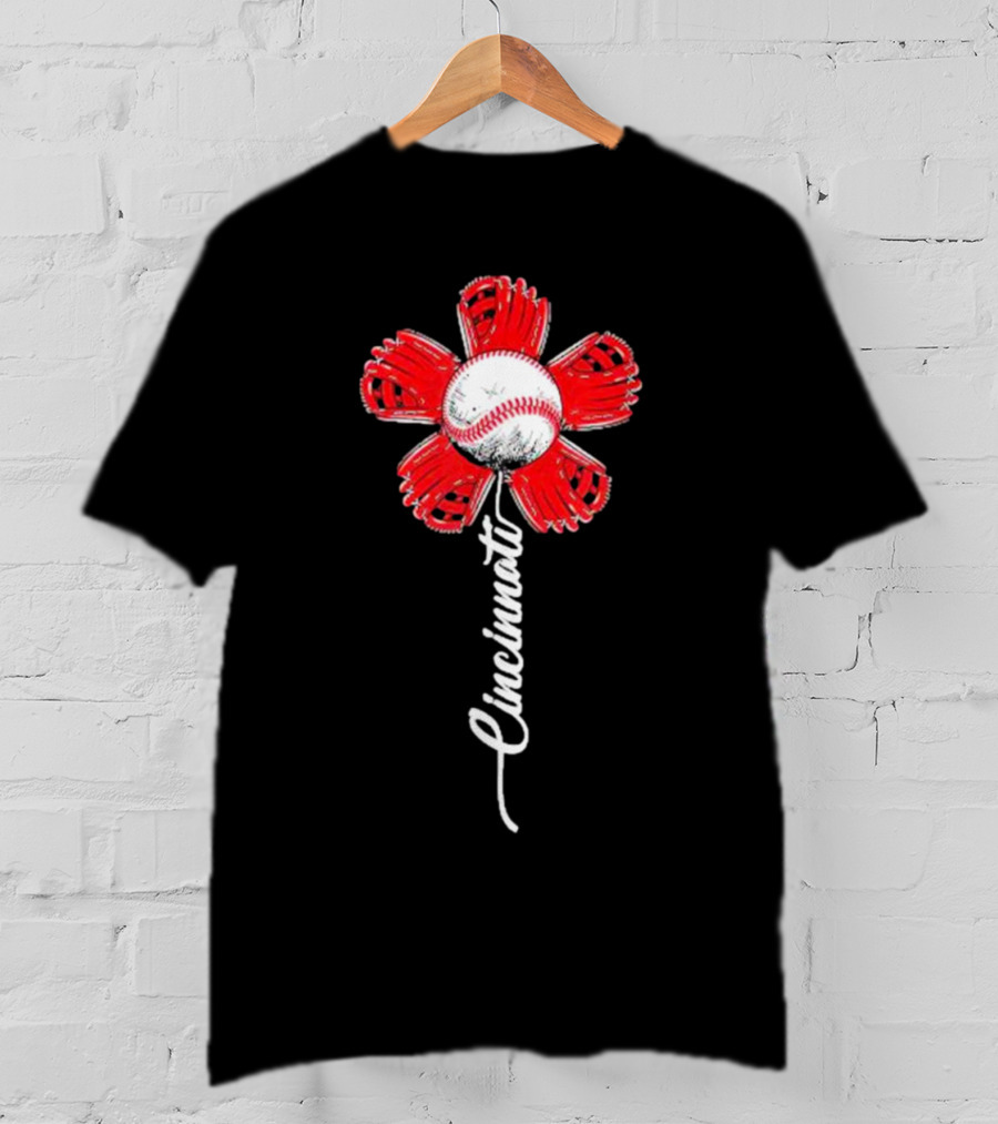 Cincinnati Baseball Flower With Baseball Center And Red Glove Petals T-Shirt