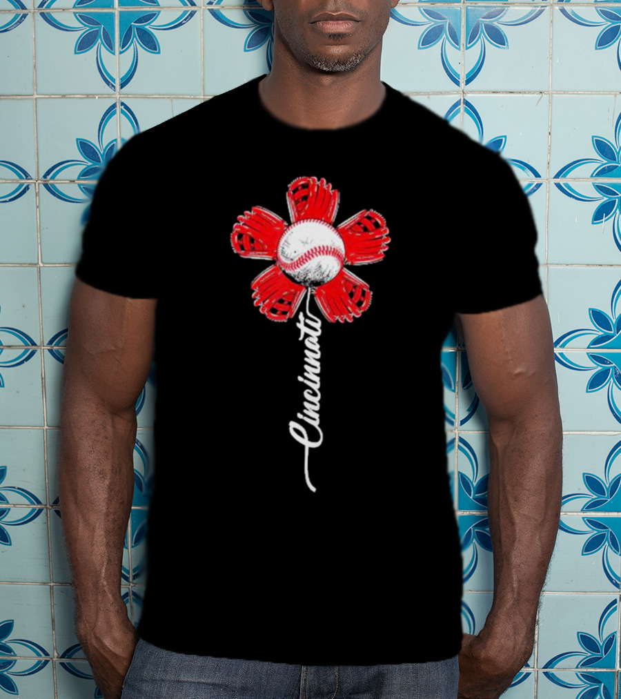 Cincinnati Baseball Flower With Baseball Center And Red Glove Petals T-Shirt
