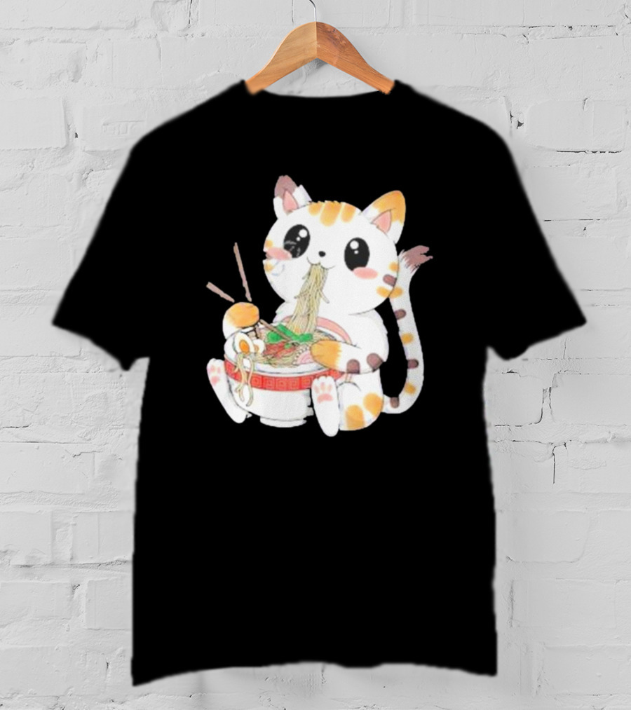 Kawaii Neko Eating Ramen In Cute Cartoon T-Shirt