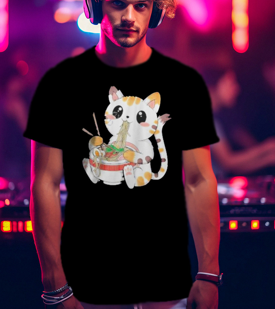 Kawaii Neko Eating Ramen In Cute Cartoon T-Shirt