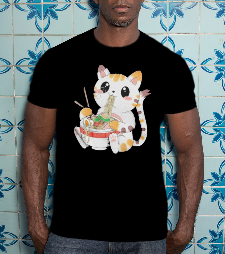 Kawaii Neko Eating Ramen In Cute Cartoon T-Shirt