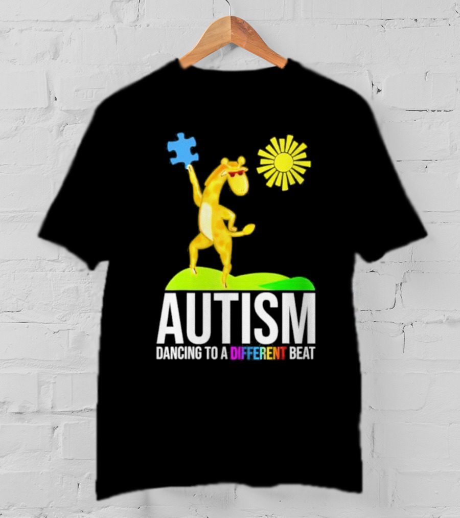 Giraffe With Puzzle Piece And Sun Celebrating Autism Dancing To A Different Beat T-Shirt