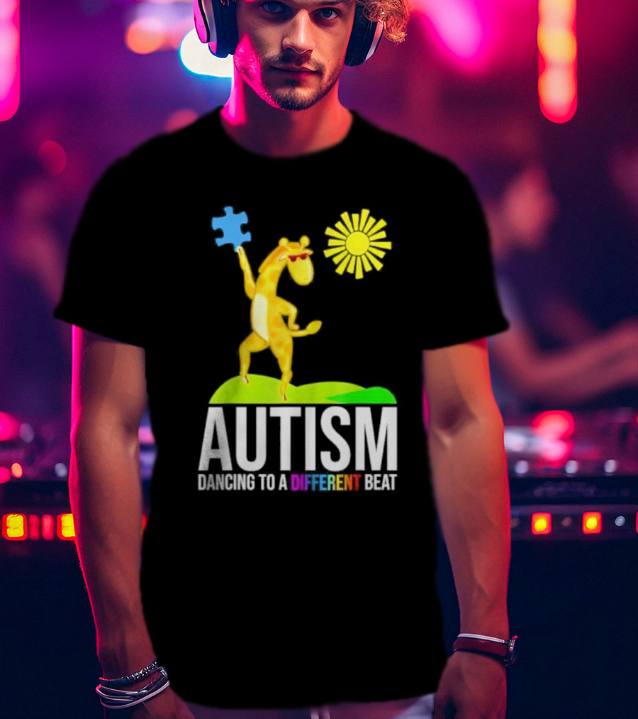 Giraffe With Puzzle Piece And Sun Celebrating Autism Dancing To A Different Beat T-Shirt