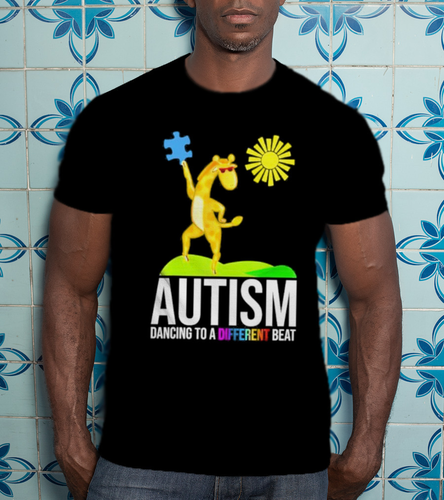 Giraffe With Puzzle Piece And Sun Celebrating Autism Dancing To A Different Beat T-Shirt
