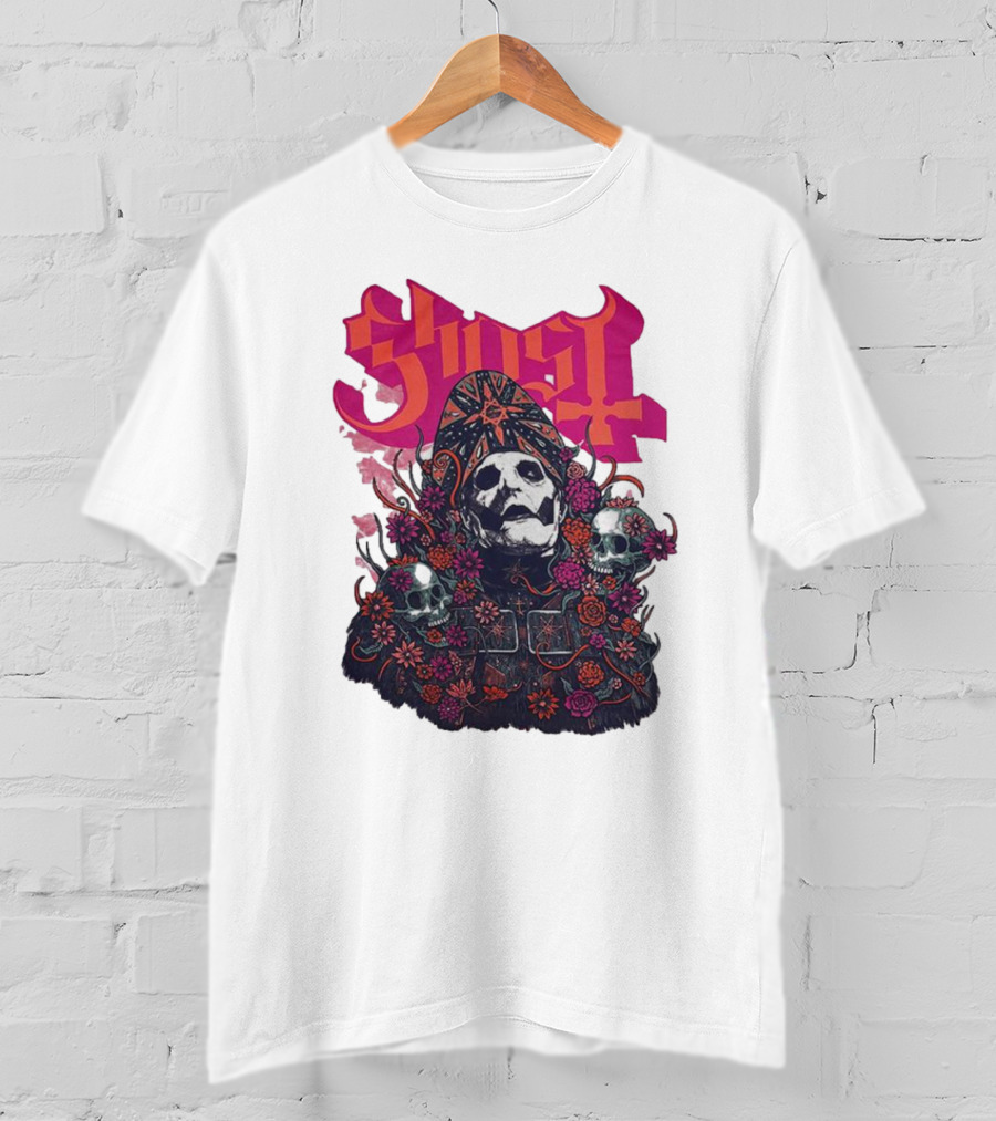 Ghost Skull In Floral Bliss Pink Crystal Wash T-Shirt
