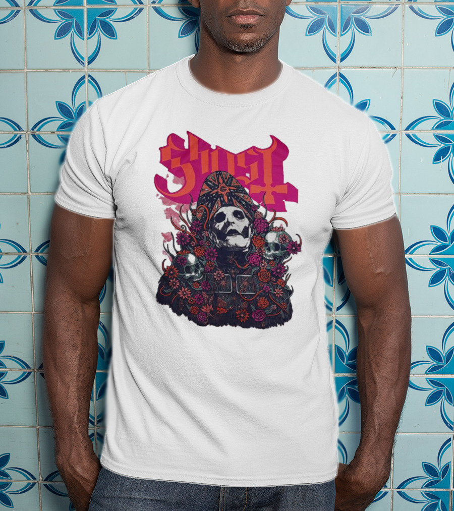 Ghost Skull In Floral Bliss Pink Crystal Wash T-Shirt
