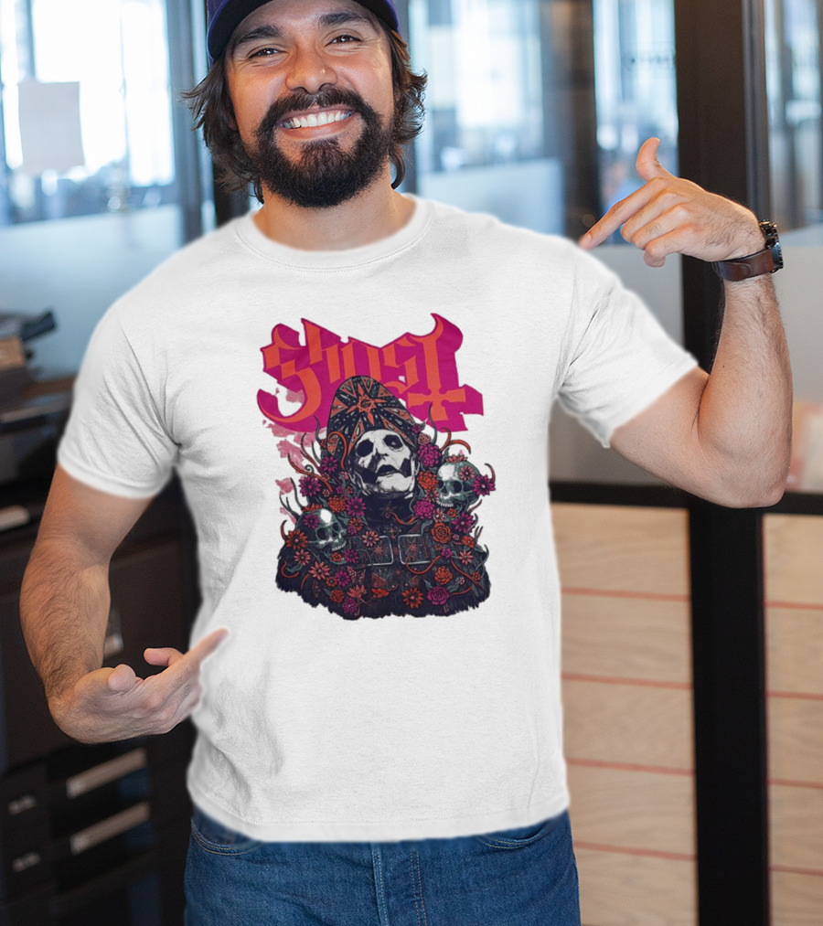 Ghost Skull In Floral Bliss Pink Crystal Wash T-Shirt