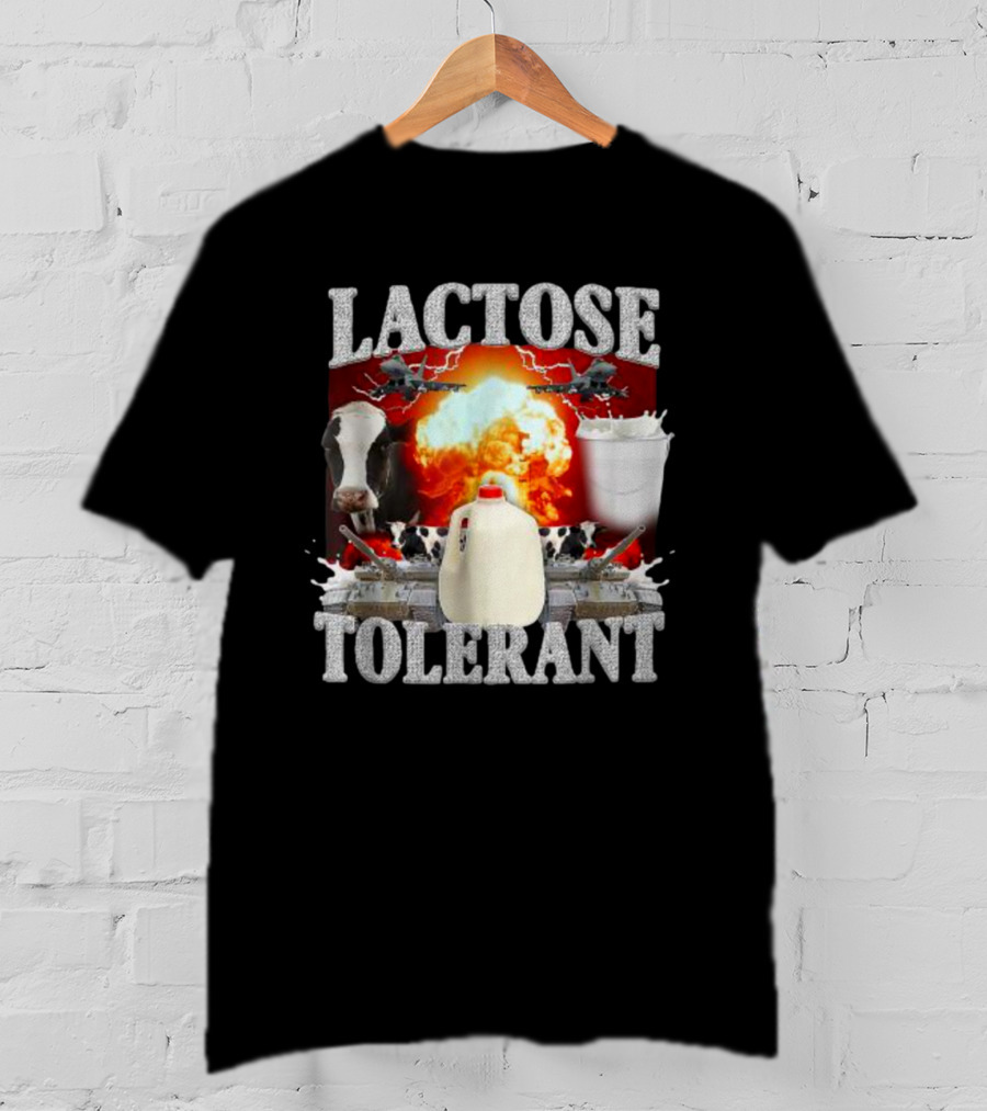 LACTOSE TOLERANT Milk Explosion Cow Jug Planes Battle Scene T-Shirt