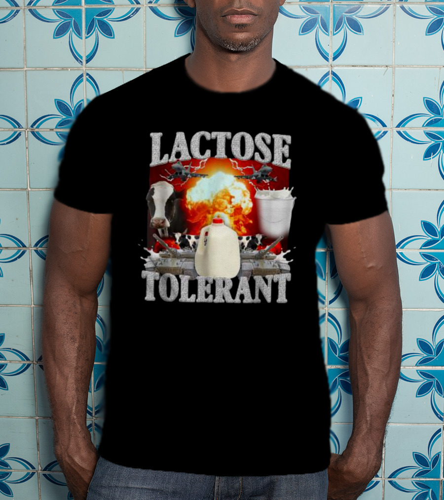 LACTOSE TOLERANT Milk Explosion Cow Jug Planes Battle Scene T-Shirt