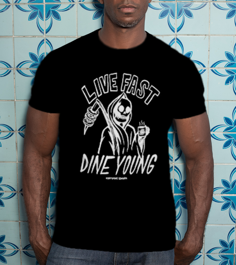 Himynameismark Live Fast Dine Young Grim Reaper With Scythe And Coffee Cup T-Shirt