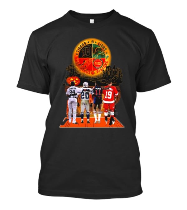 Detroit Tigers Lions Pistons Red Wings Halloween Signatures Cabrera Sanders Thomas Yzerman T-Shirt