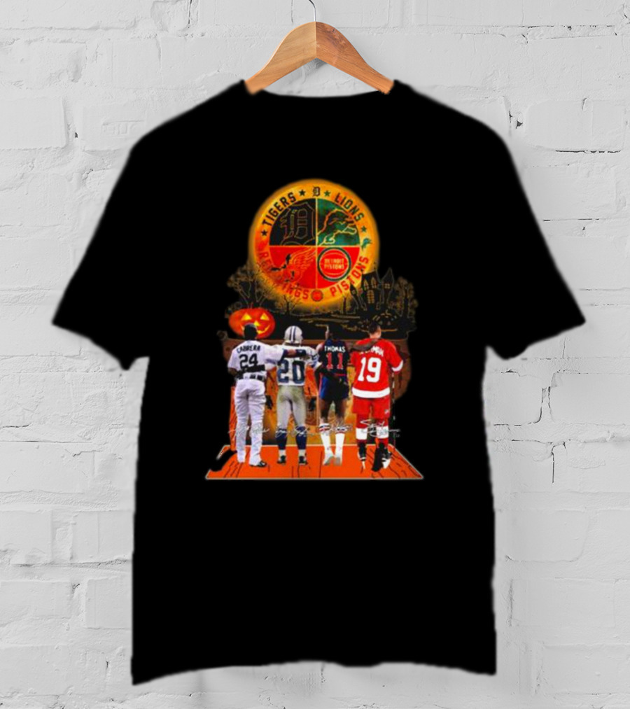 Detroit Tigers Lions Pistons Red Wings Halloween Signatures Cabrera Sanders Thomas Yzerman T-Shirt