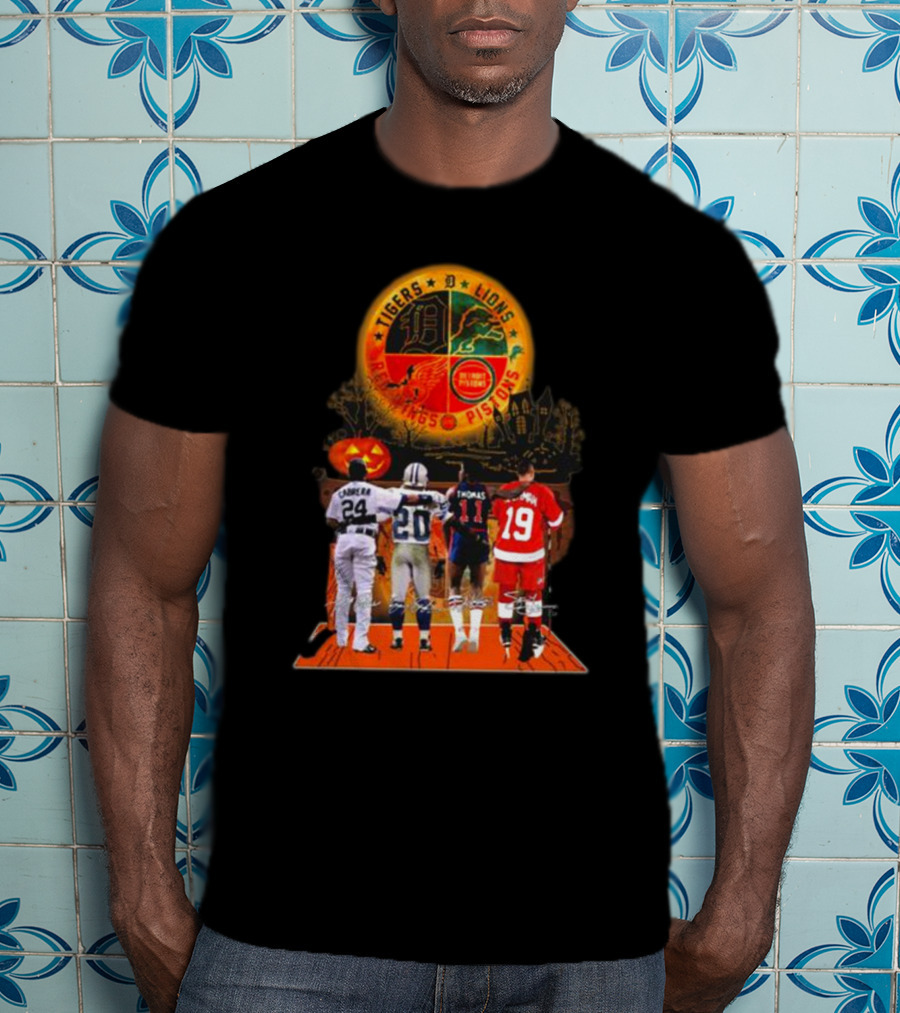 Detroit Tigers Lions Pistons Red Wings Halloween Signatures Cabrera Sanders Thomas Yzerman T-Shirt