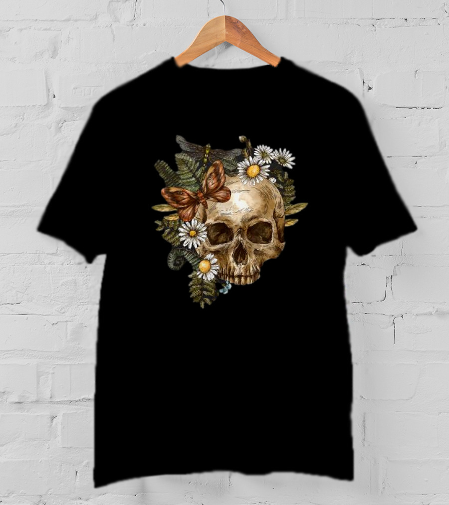 Skull With Butterfly And Dragonfly Surrounded By Autumn Leaves And Daisies T-Shirt