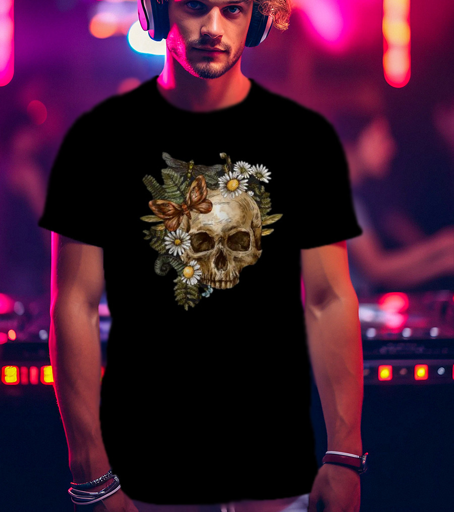 Skull With Butterfly And Dragonfly Surrounded By Autumn Leaves And Daisies T-Shirt