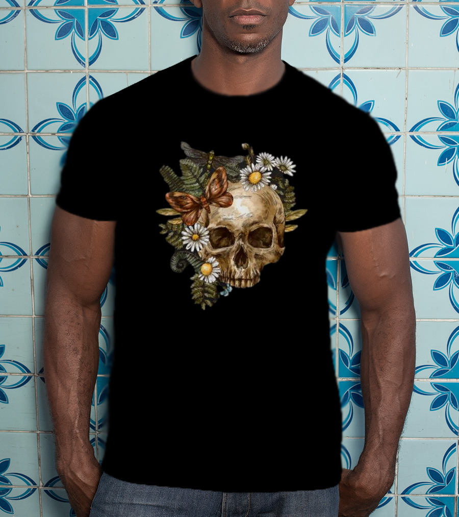 Skull With Butterfly And Dragonfly Surrounded By Autumn Leaves And Daisies T-Shirt