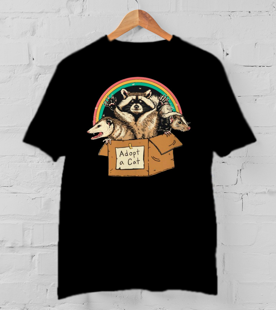 Wicked Clothes Adopt A Cat Raccoon And Opossum In Cardboard Box Rainbow T-Shirt
