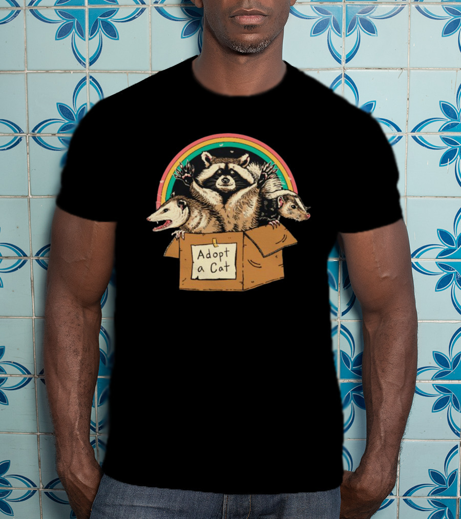 Wicked Clothes Adopt A Cat Raccoon And Opossum In Cardboard Box Rainbow T-Shirt