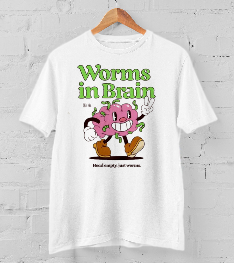 Worms In Brain Head Empty Just Worms Cartoon Brain Peace Sign T-Shirt