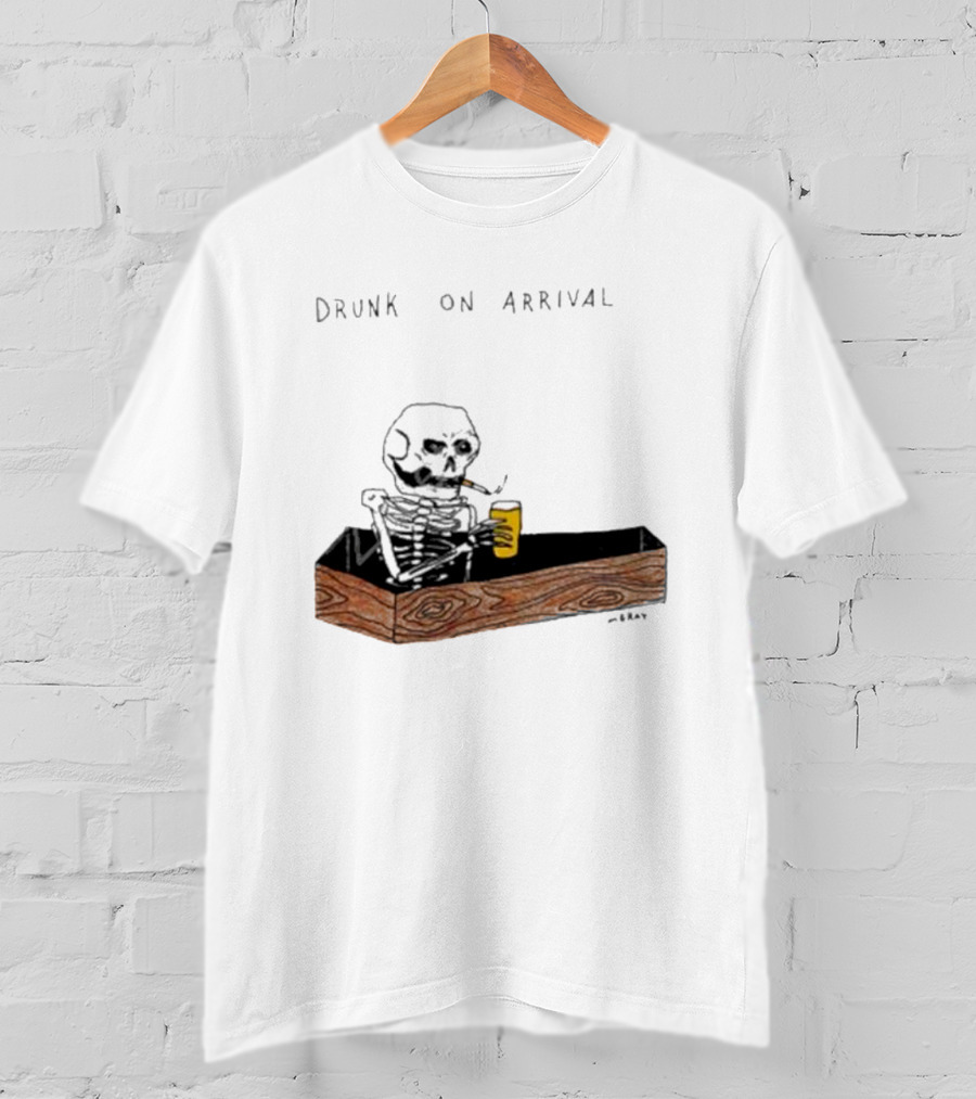 Matt Gray Drunk On Arrival Skeleton In Coffin Holding Drink T-Shirt