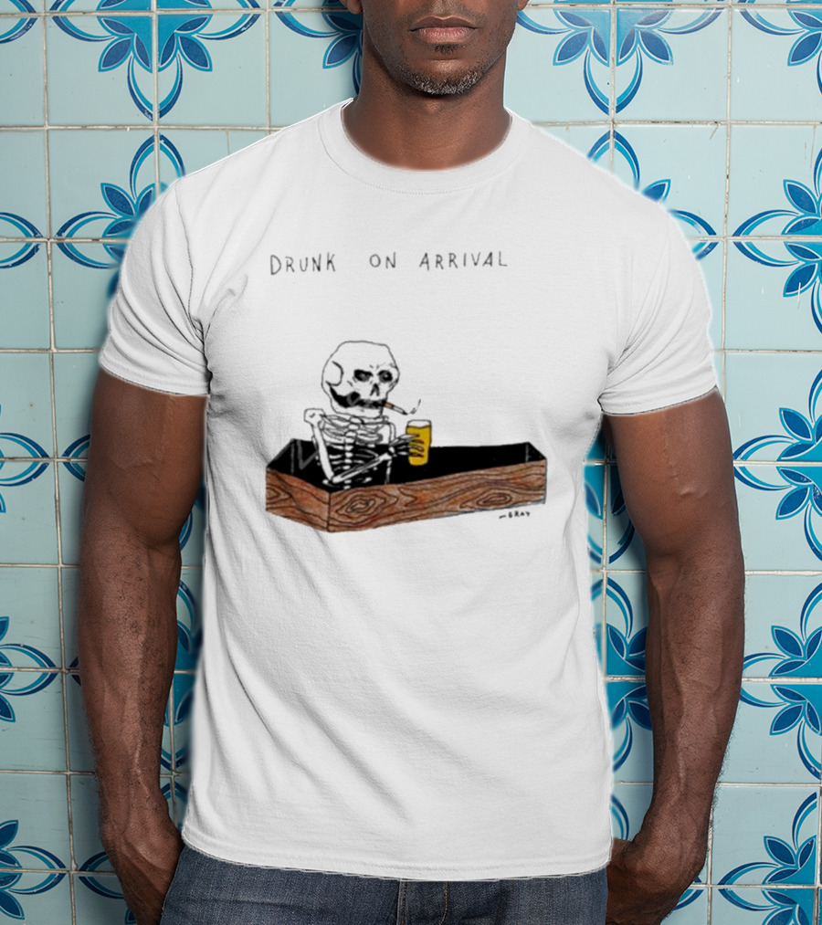 Matt Gray Drunk On Arrival Skeleton In Coffin Holding Drink T-Shirt