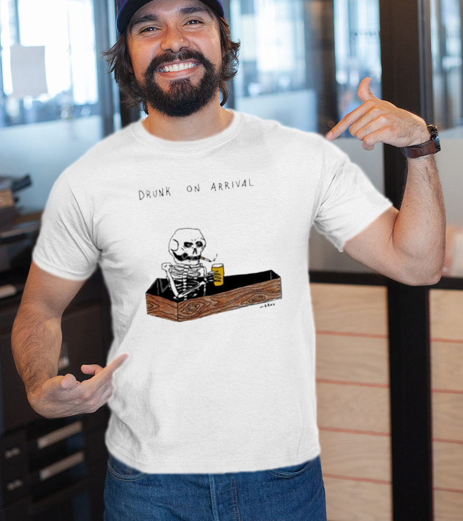 Matt Gray Drunk On Arrival Skeleton In Coffin Holding Drink T-Shirt