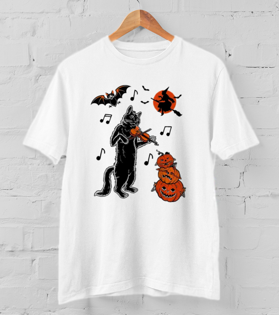 Black Cat Playing Violin With Witch, Devilish Bat, And Stacked Pumpkins Halloween T-Shirt