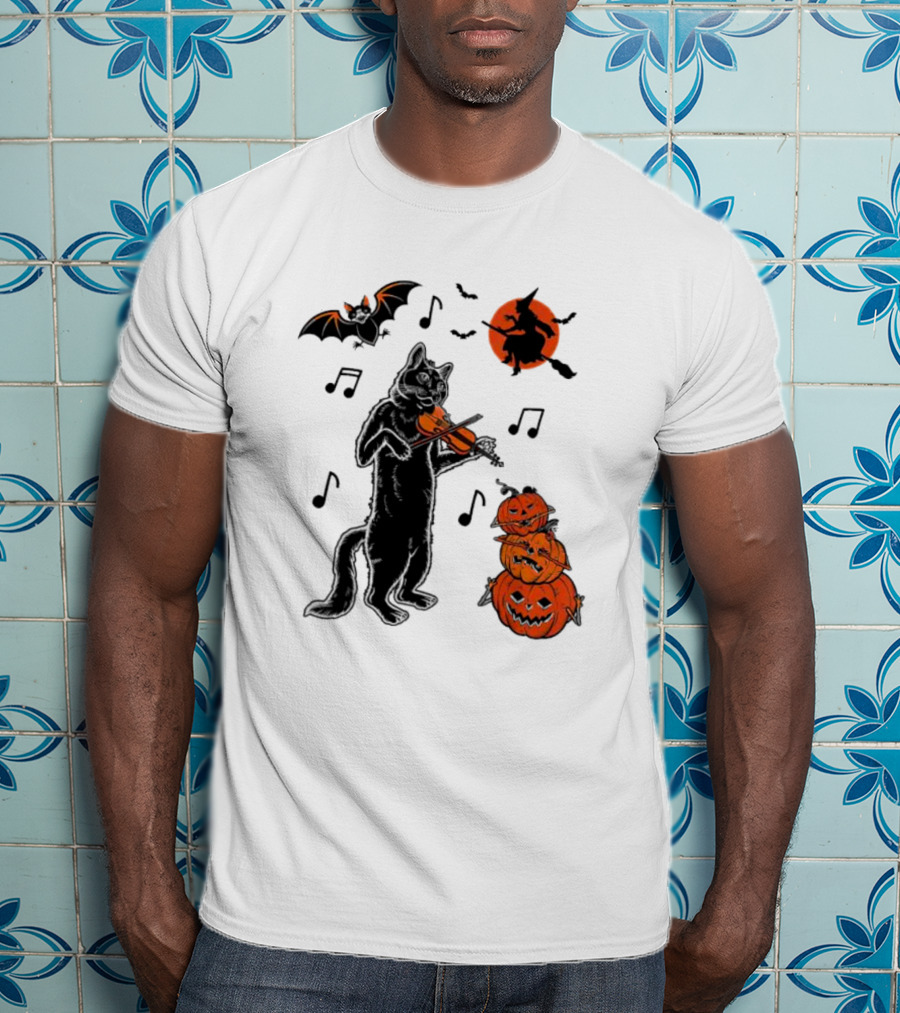 Black Cat Playing Violin With Witch, Devilish Bat, And Stacked Pumpkins Halloween T-Shirt