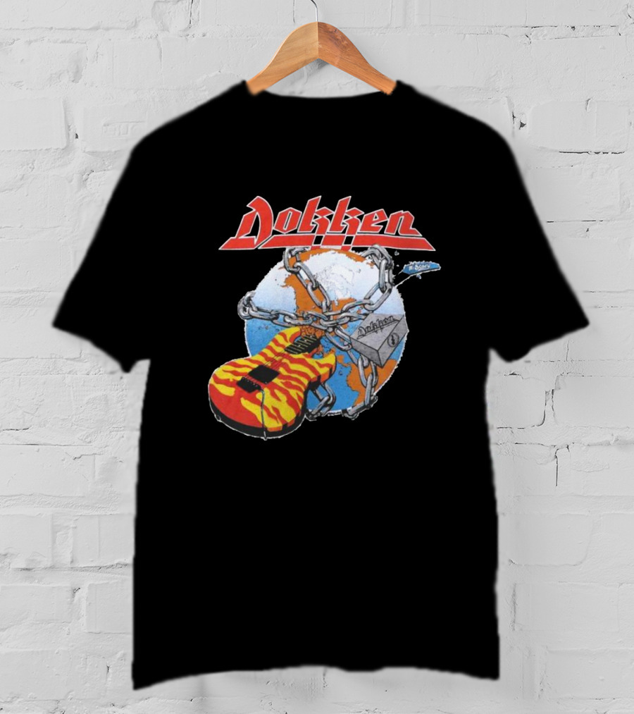 1980s Dokken Rokken With Dokken Flaming Guitar Chained To Globe T-Shirt