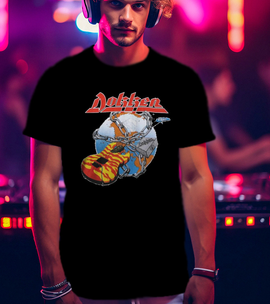 1980s Dokken Rokken With Dokken Flaming Guitar Chained To Globe T-Shirt