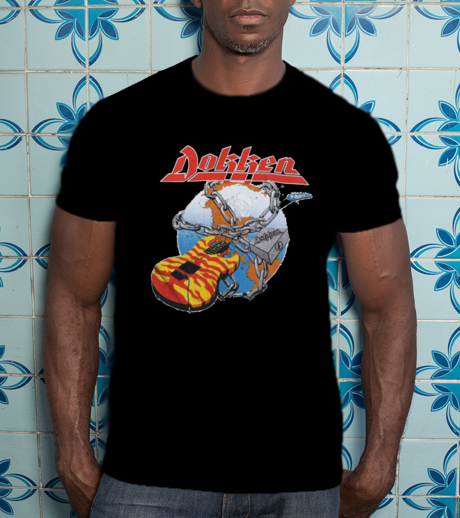 1980s Dokken Rokken With Dokken Flaming Guitar Chained To Globe T-Shirt