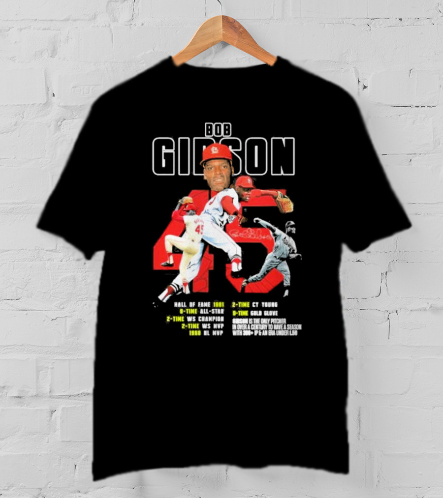 Bob Gibson St Louis Cardinals Hall Of Fame MLB Legend Pitcher Career Highlights 45 T-Shirt