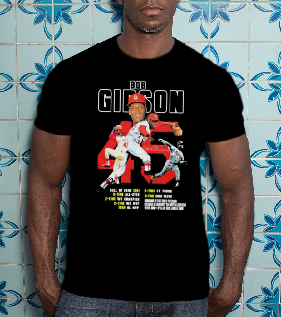 Bob Gibson St Louis Cardinals Hall Of Fame MLB Legend Pitcher Career Highlights 45 T-Shirt