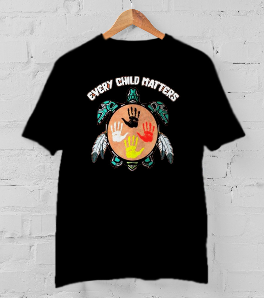 Every Child Matters Turtle With Handprints And Feathers T-Shirt