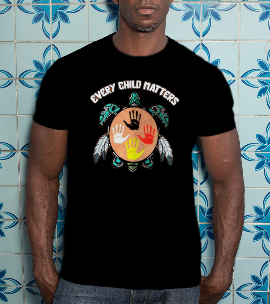 Every Child Matters Turtle With Handprints And Feathers T-Shirt