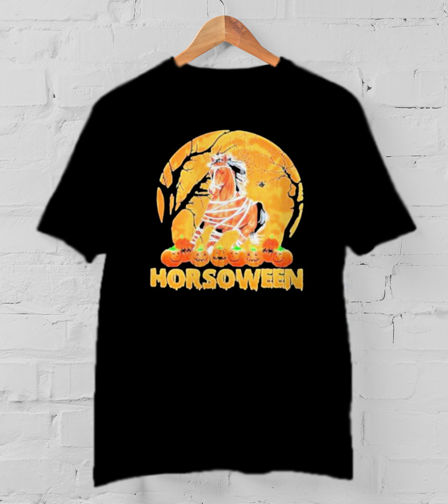Horsoween Bandaged Horse Spider Web Haunted Pumpkins Red Moon Halloween T-Shirt
