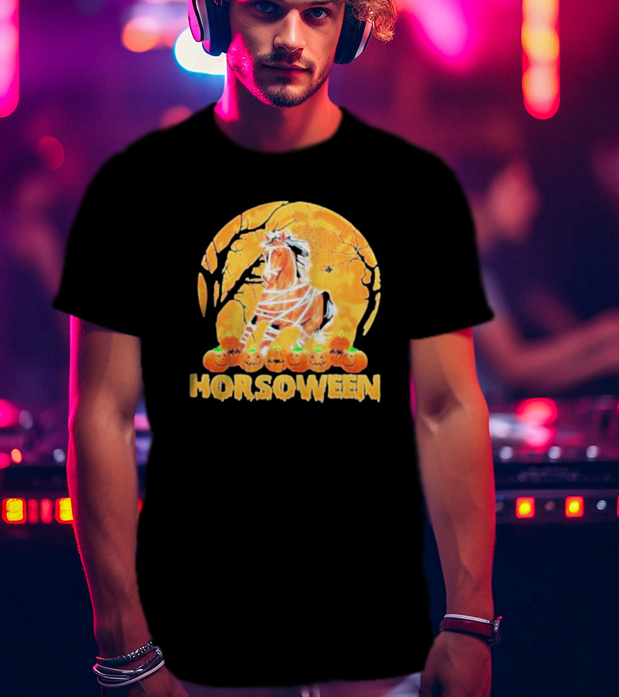 Horsoween Bandaged Horse Spider Web Haunted Pumpkins Red Moon Halloween T-Shirt