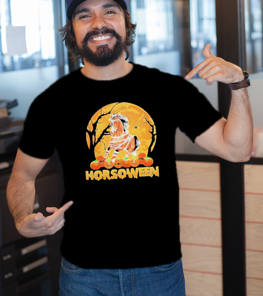 Horsoween Bandaged Horse Spider Web Haunted Pumpkins Red Moon Halloween T-Shirt