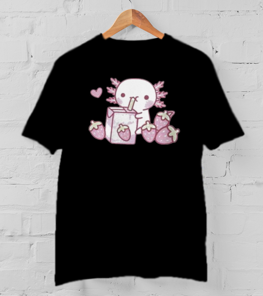 Strawberry Milk Axolotl With Strawberries And Heart T-Shirt