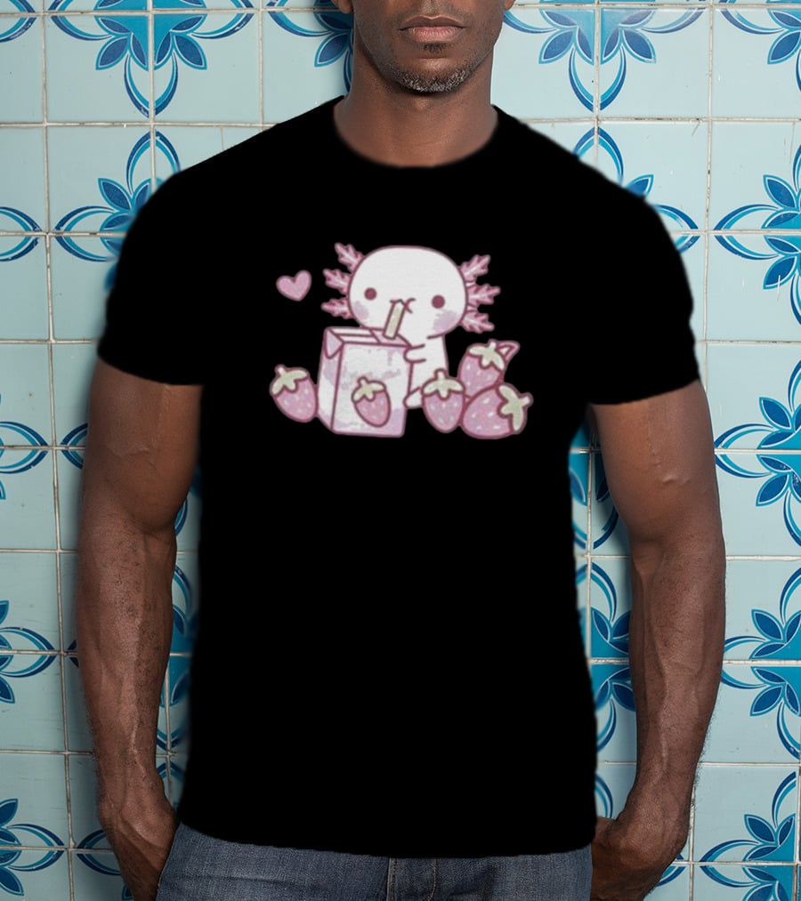 Strawberry Milk Axolotl With Strawberries And Heart T-Shirt