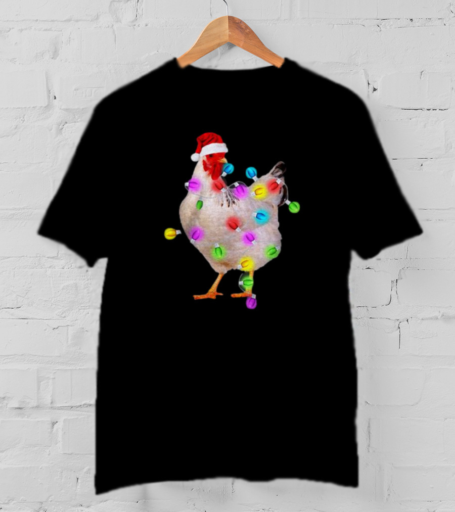 Chicken In Santa Hat With Colorful Christmas Lights T-Shirt