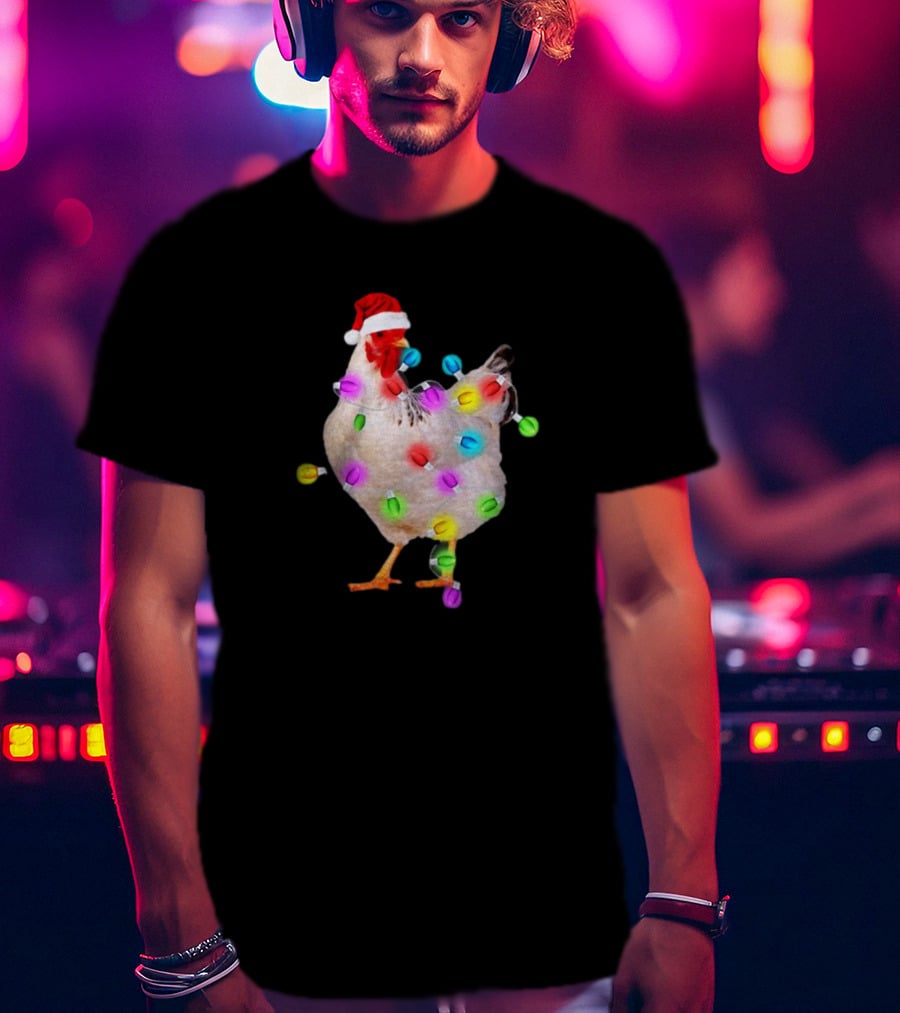 Chicken In Santa Hat With Colorful Christmas Lights T-Shirt