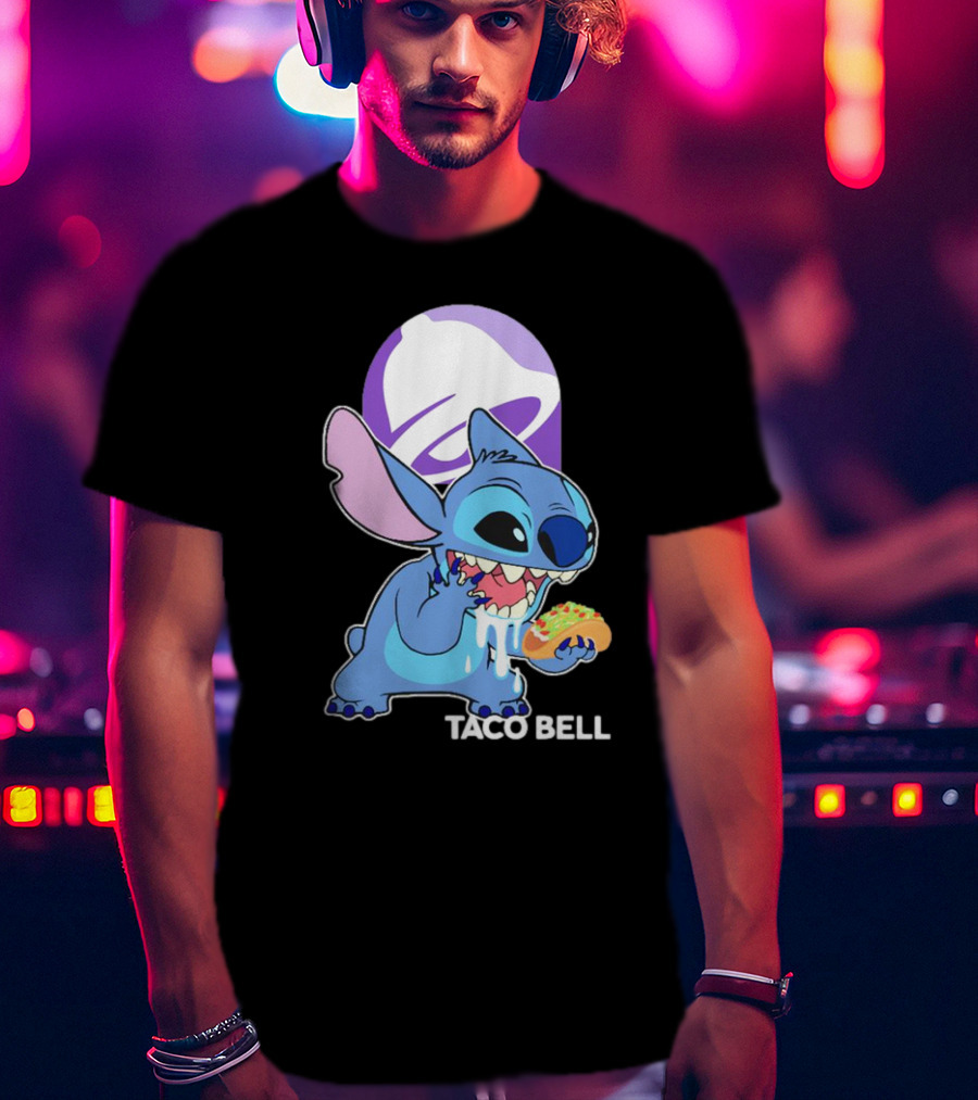 Stitch Eating Taco Bell Tacos With Logo Background T-Shirt